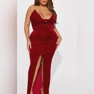 New Red Velvet Floor length, clear strap, sleeveless, High Split Dress